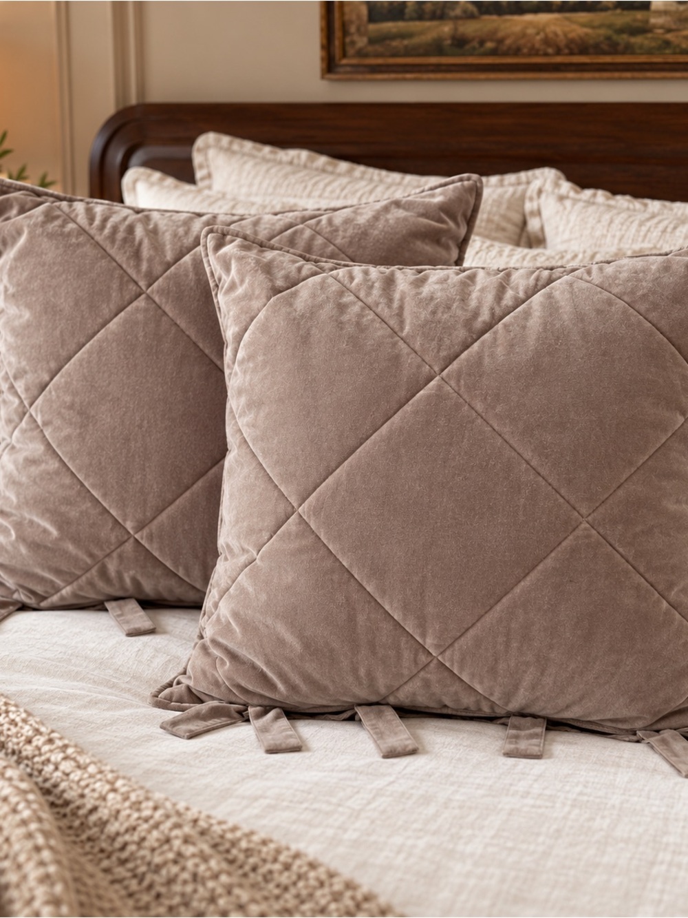 Pottery Barn Quilted Velvet EURO Pillow Covers Set of 2 Taupe